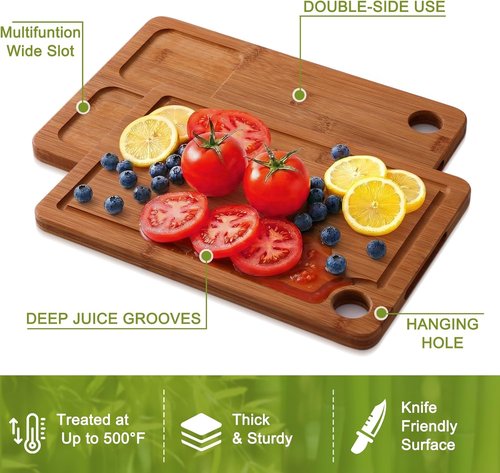 Homaxy Bamboo Cutting Board Set - 3 Wooden Boards with Non-Slip Mats & Deep Juice Groove | Ideal for Meat, Fruits & Vegetables