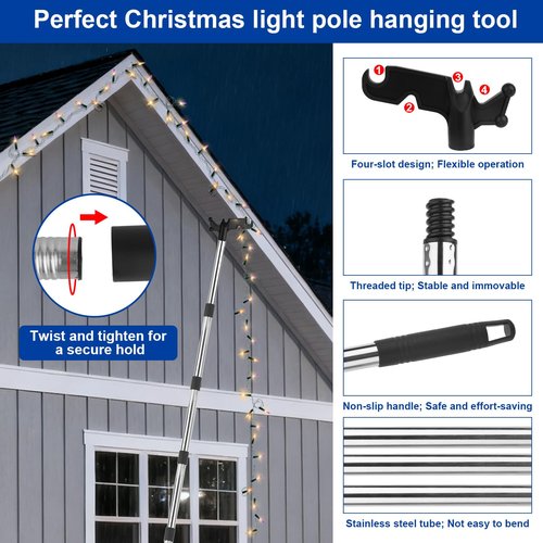 Fukaisu 3-15ft/82-460cm Telescopic Christmas Light Hanger Pole with Utility Hook, Extension Pole for Hanging Outdoor String Lights Bird Feeders Hanging Kit with Adjustable Reach