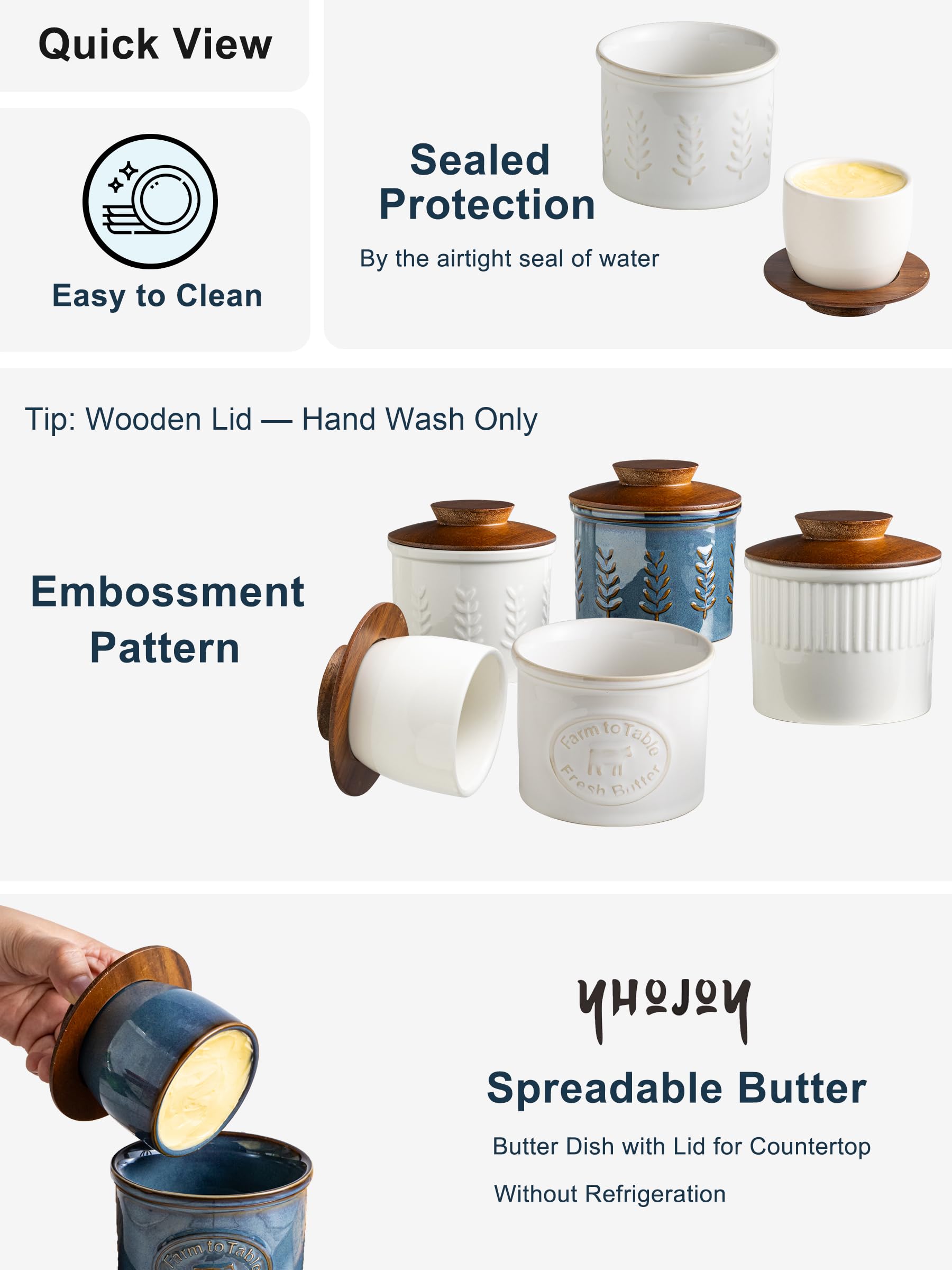 YHOJOY Ceramic Butter Dish With Lid, Butter Crock for Countertop, French Butter Keeper for Spreadable Butter, Elegant Embossed Pattern, Cream White