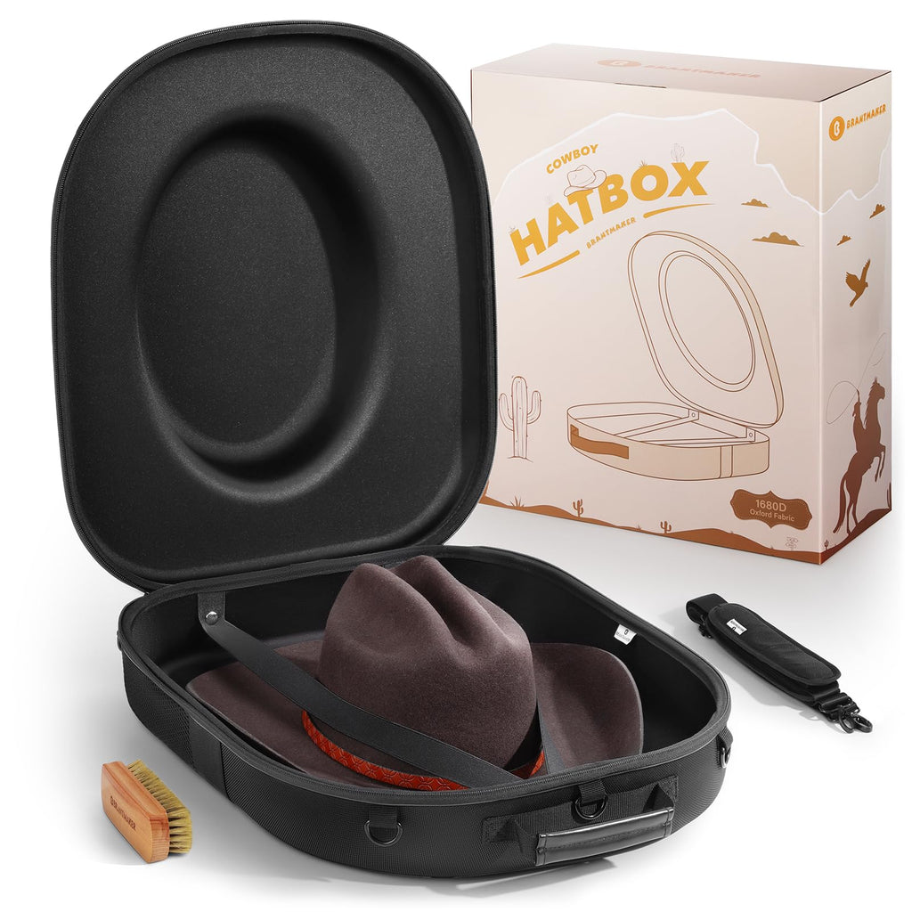 BRANTMAKER Cowboy Hat Box, Cowboy Hat Case for Travel, Crush Proof Storage for Western/Panama/Fedora, Carrier with Adjustable Shoulder Strap & Brush