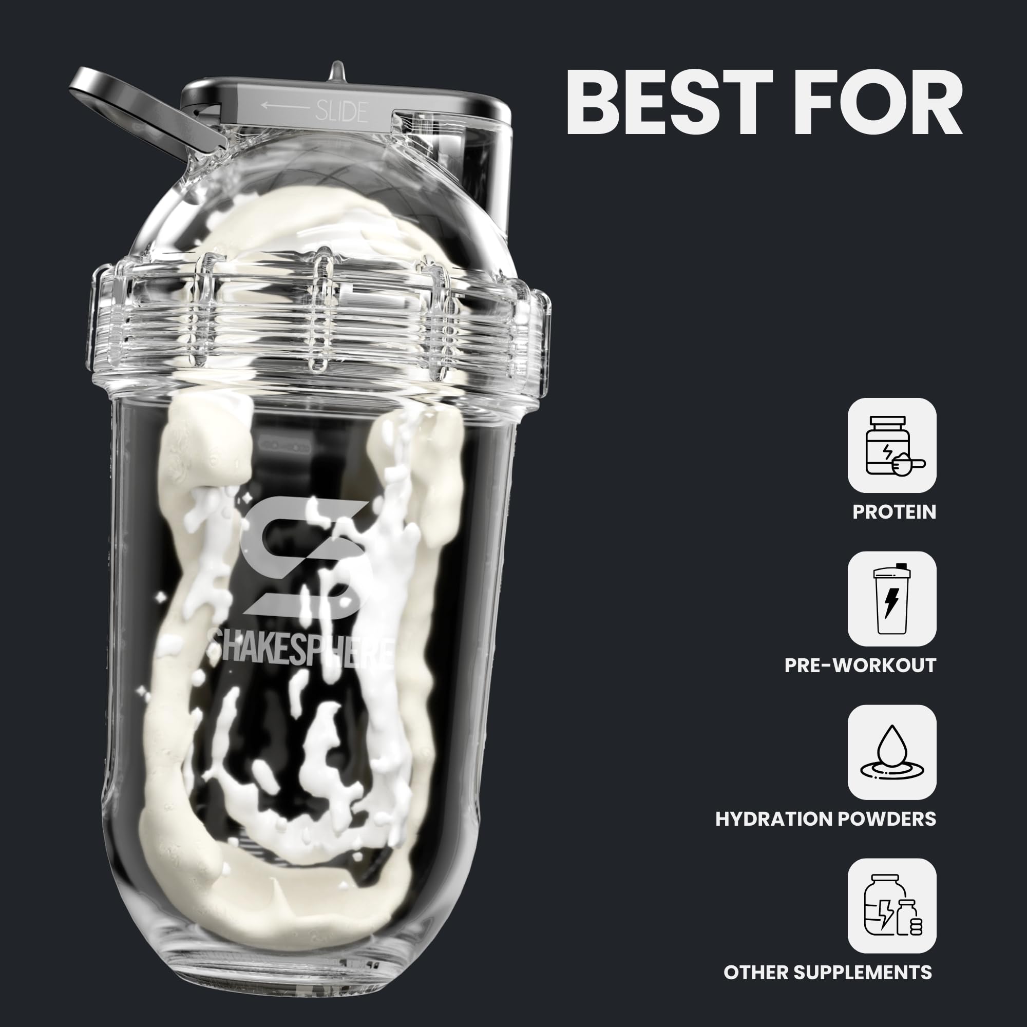 SHAKESPHERE Shaker Bottle - 24oz Leak Proof Protein Shaker Bottle for Pre Workout, Smoothie, and Powder Drink Mixes, No-Blade Mixer for Gym, BPA-Free, Easy Clean & Easy to Carry (Matte Black)