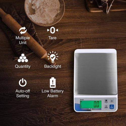 Polit Digital Kitchen Scale KT-66 30lb/13kg｜0.05oz/1g Precision Food Scale with LCD Display｜Battery or Plug-in｜Stainless Steel Top｜Grams, Ounces, Pounds｜5 Units for Baking, Farming & Shipping Scale