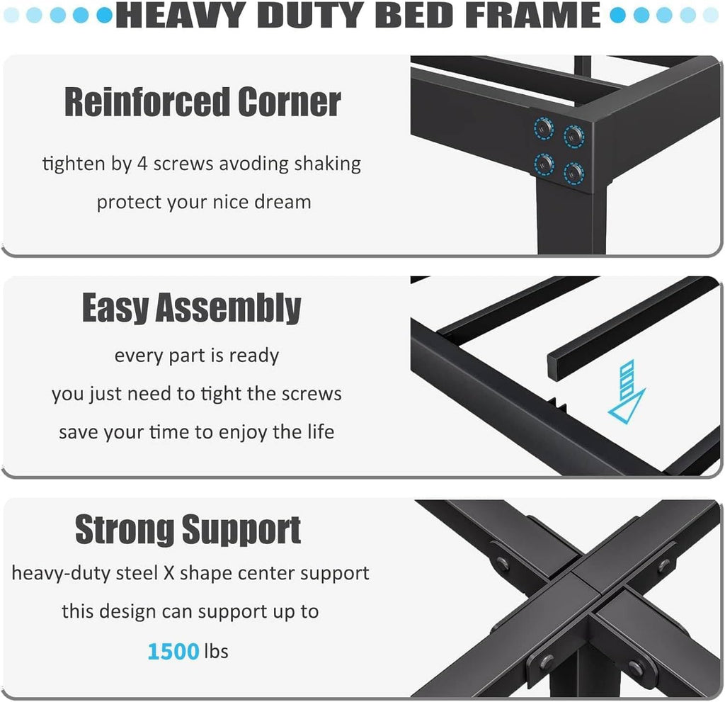 ZIYOO Queen Size Bed Frame - Heavy Duty Steel Slats, 1500LBS Support, Noise-Free, Easy Assembly | Black