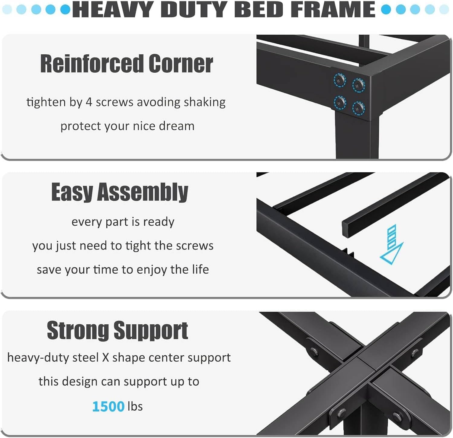 ZIYOO Queen Size Bed Frame - Heavy Duty Steel Slats, 1500LBS Support, Noise-Free, Easy Assembly | Black