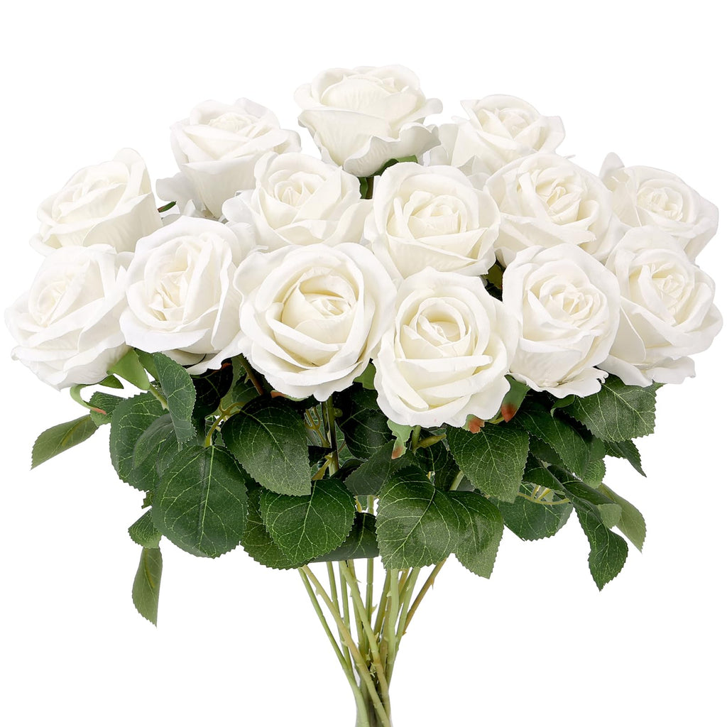 Auihiay 14PCS White Roses Artificial Flowers, Velvet Silk Faux Roses with Long Stems for Mother's Day, Wedding Centerpieces, Anniversary, Party, Home Decoration & DIY Floral Arrangement