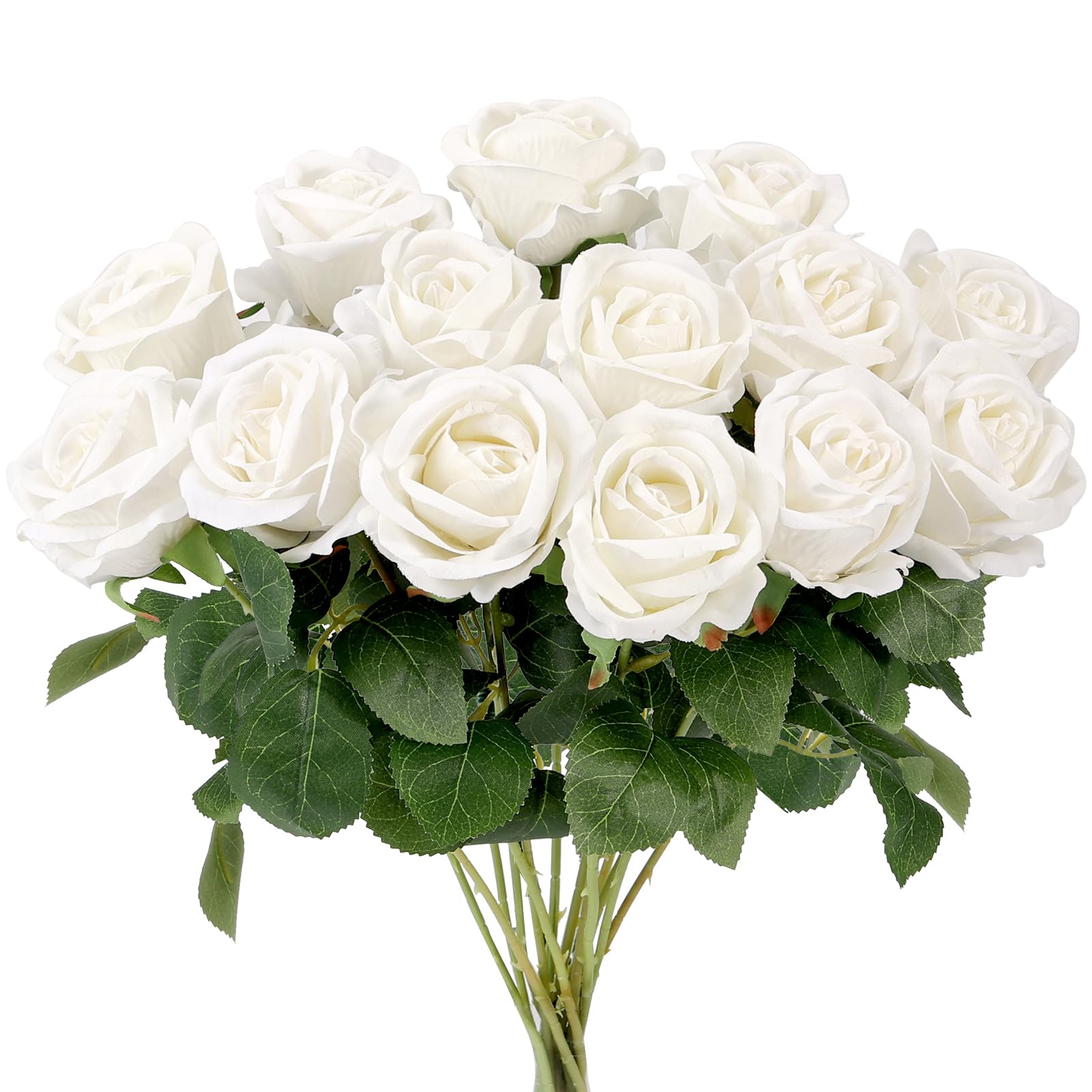 Auihiay 14PCS White Roses Artificial Flowers, Velvet Silk Faux Roses with Long Stems for Mother's Day, Wedding Centerpieces, Anniversary, Party, Home Decoration & DIY Floral Arrangement