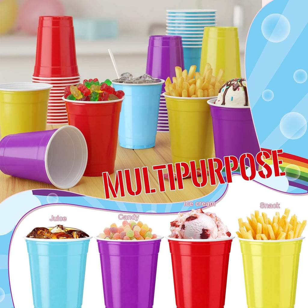 Reallnaive 100 Pcs 12 oz Rainbow Color Disposable Plastic Party Cups - Durable & Lightweight for Events