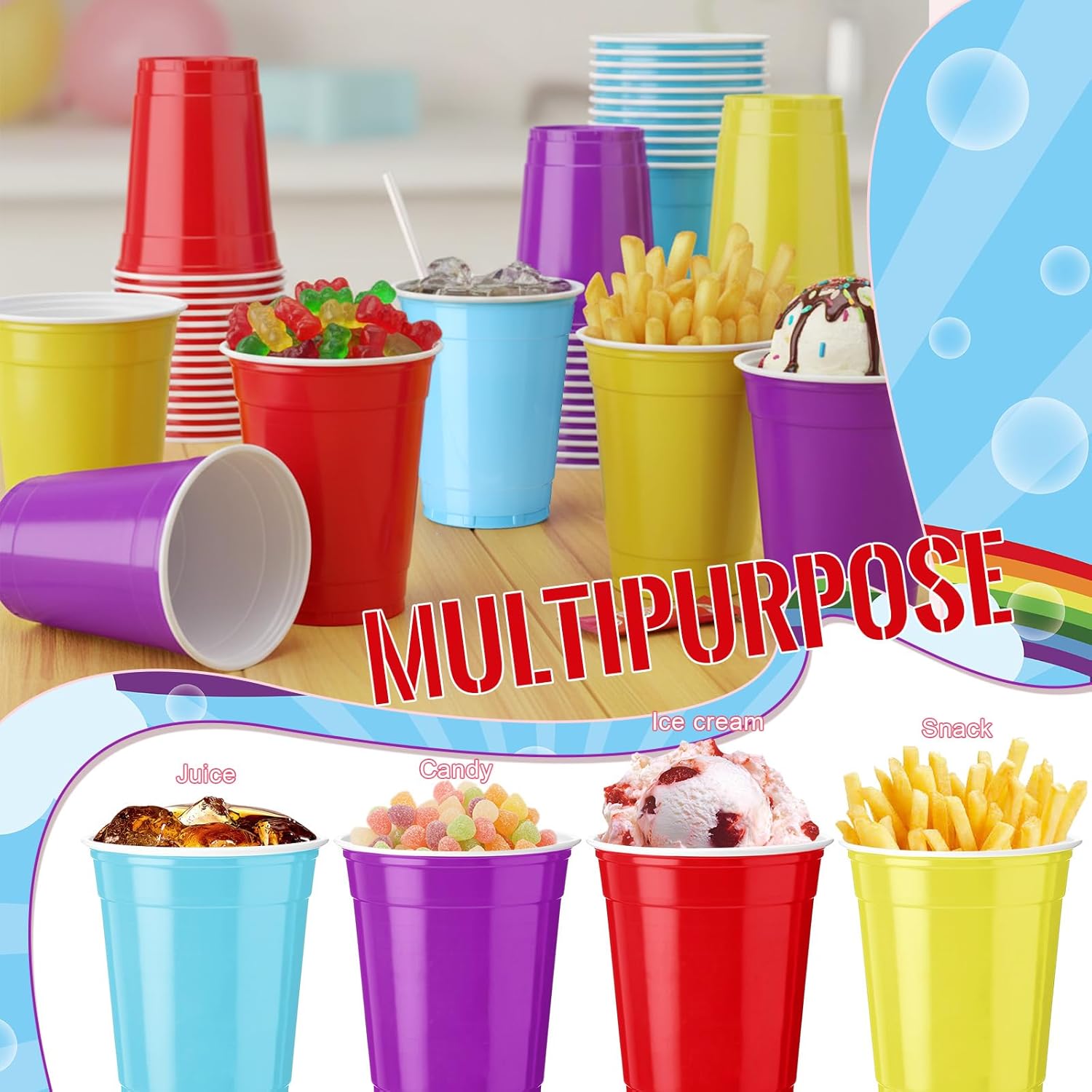 Reallnaive 100 Pcs 12 oz Rainbow Color Disposable Plastic Party Cups - Durable & Lightweight for Events