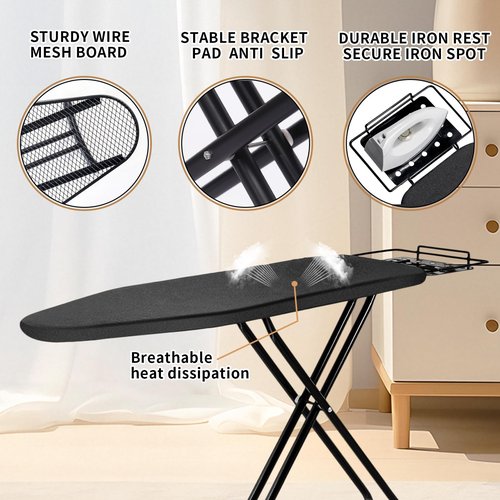 Ironing Board, 43x14 Inch Iron Board with Steam Rest, Heavy Duty Metal Frame Legs Ironing Table with Heat Resistant Cover Mat, Foldable Full Size Hanger Ironing Stand (Black, 52" L x 14" W x 34.6" H)