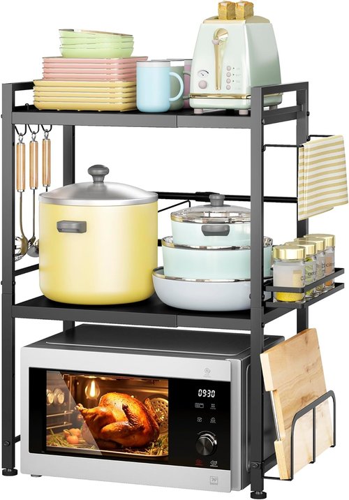 DOLALIKE Microwave Oven Rack - Expandable Countertop Storage with 6 Hooks | Durable Carbon Steel Design