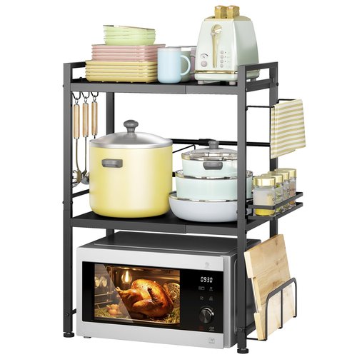 DOLALIKE Microwave Oven Rack, Expandable Microwave Stand Countertop Kitchen Utensils Tableware Storage, Carbon Steel Over Microwave Shelf Countertop with 6 Hooks