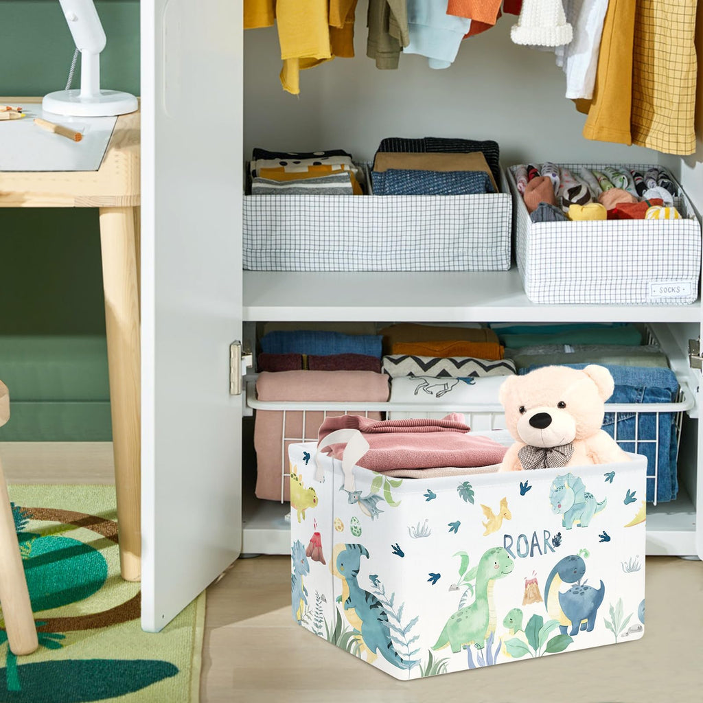 Clastyle Adorable Watercolors Green Dinosaur Shelf Basket Volcano Palm Leaf Collapsible Storage Bin Rectangle Clothes Books Toy Storage Cube, 21L