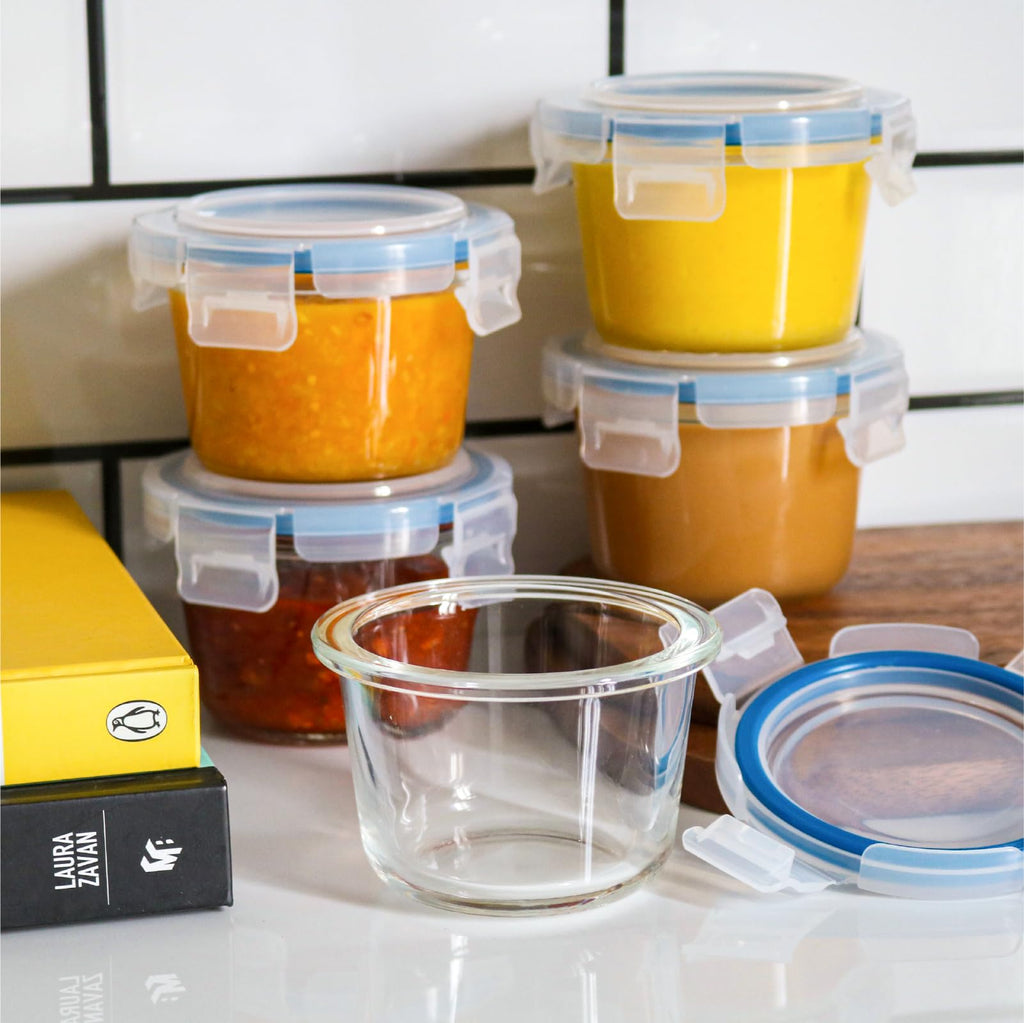Iyulania Set of 6 Small Glass Storage Containers, 7 oz Food Containers with No-Spill Lids, Thick Glass Jars for Meal Prep, Baby’s Snacks, Leftovers and Sauces, Dishwasher & Microwave Safe
