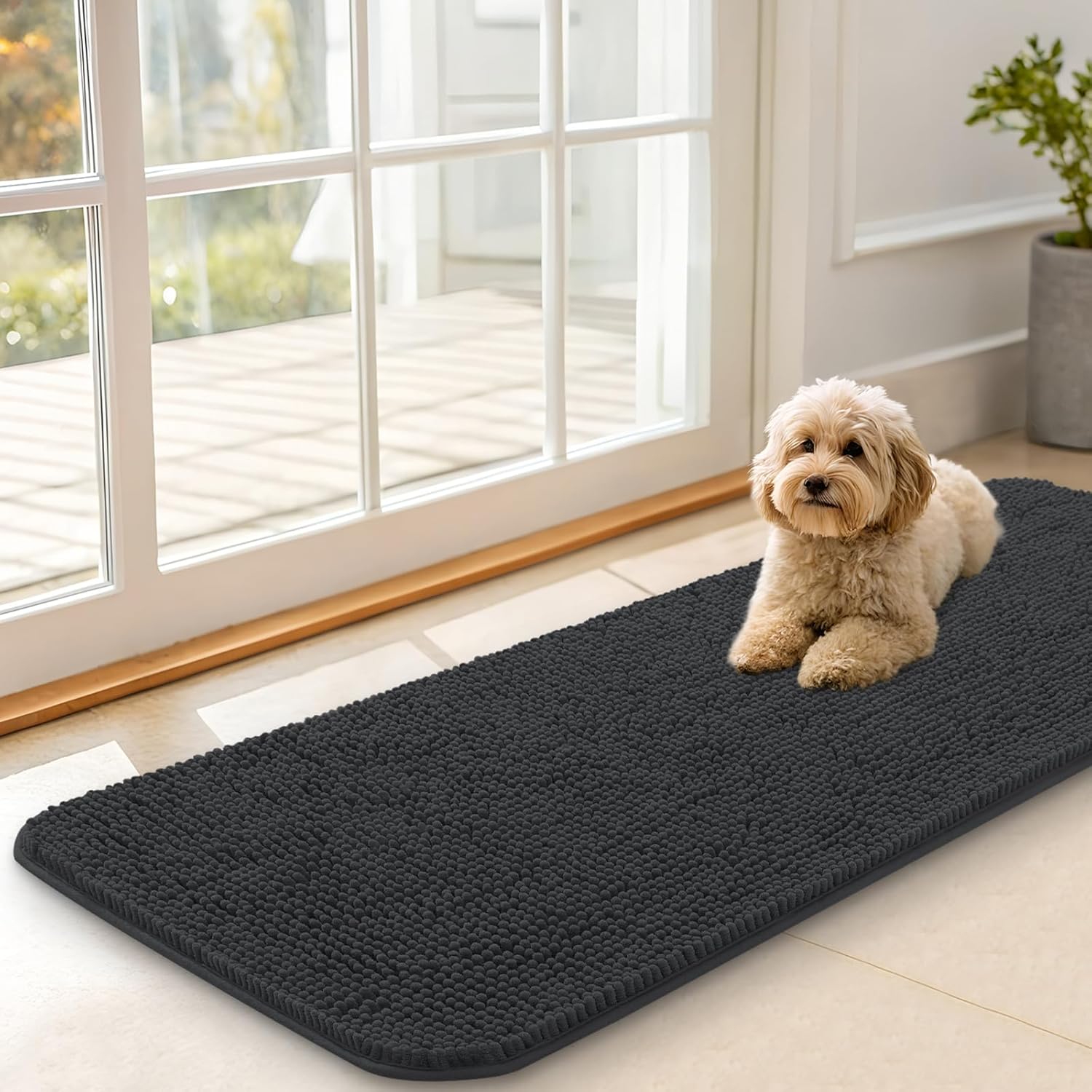 OLANLY Dog Door Mat - Absorbent Non-Slip Chenille Mat for Muddy Paws | 47x17 Inches, Dark Grey