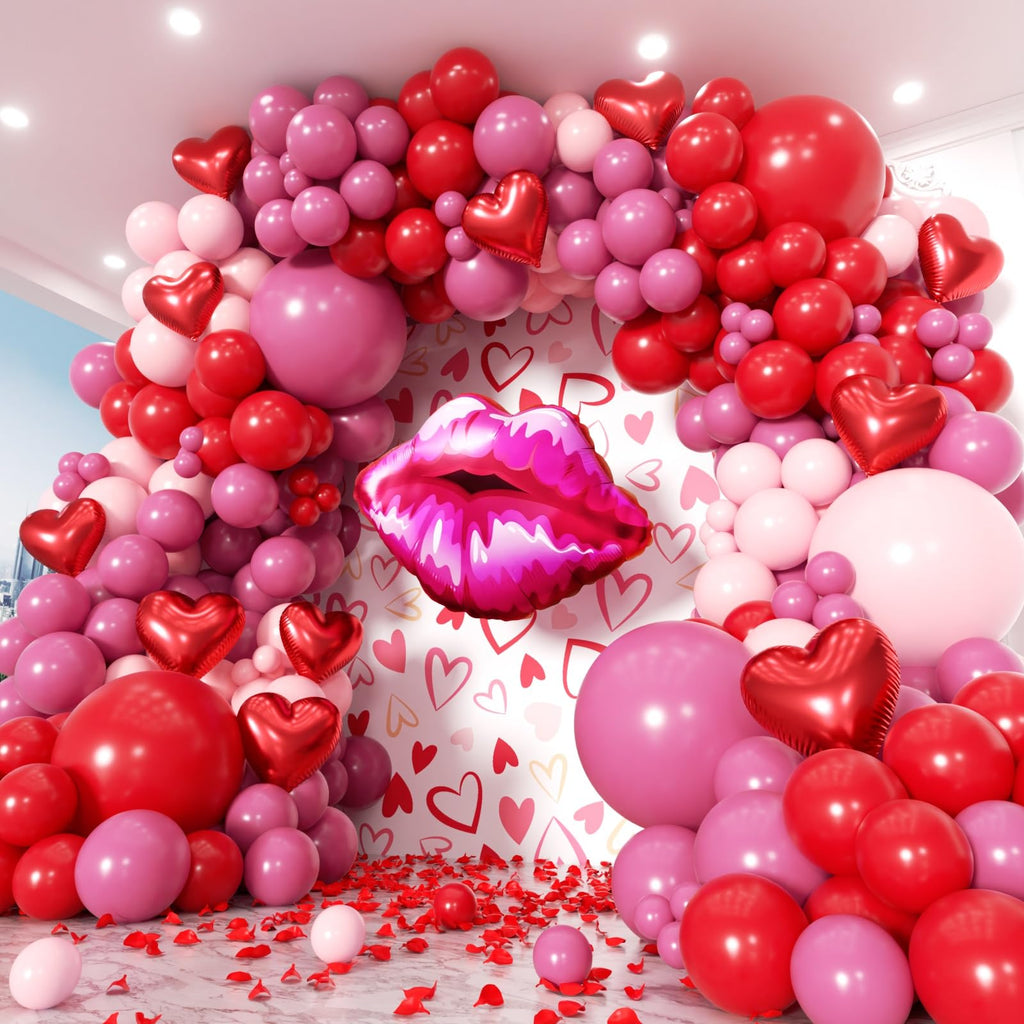PTGOLUO 153pcs Valentines Day Balloons Garland Arch Kit, Pink Red Rose Red Heart Balloons Lips Balloon 30'' 24" 10" 5" for Galentine's Day Birthday Wedding Anniversary Engagement Party Decor