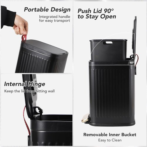 Black and Gold Bathroom Accessories Set 9 PCS, Bathroom Sets with Stainless Steel Trash Can,Toilet Brush and Plastic Toothbrush Set,Soap Dispenser and Shower Curtain, 2PCS Rugs for Bath Decor