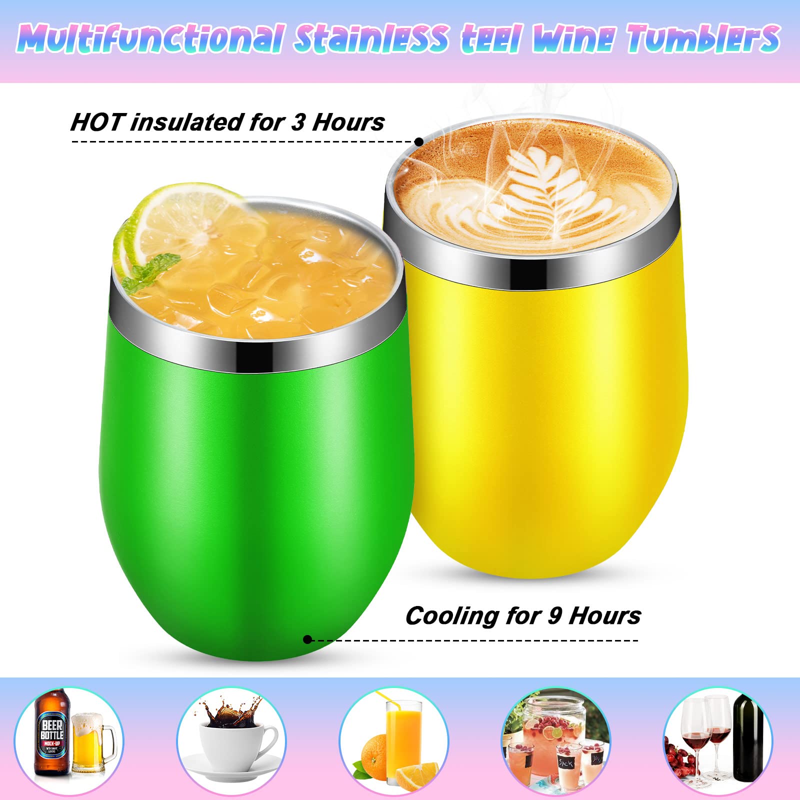 Vesici 16 Pack Wine Tumblers with Lid 12oz Stainless Steel Travel Mugs Stemless Double Wall Vacuum Insulated Wine Glasses Tumbler Bulk for Hot or Cold, Cocktails, Champaign, Whiskey, 16 Colors