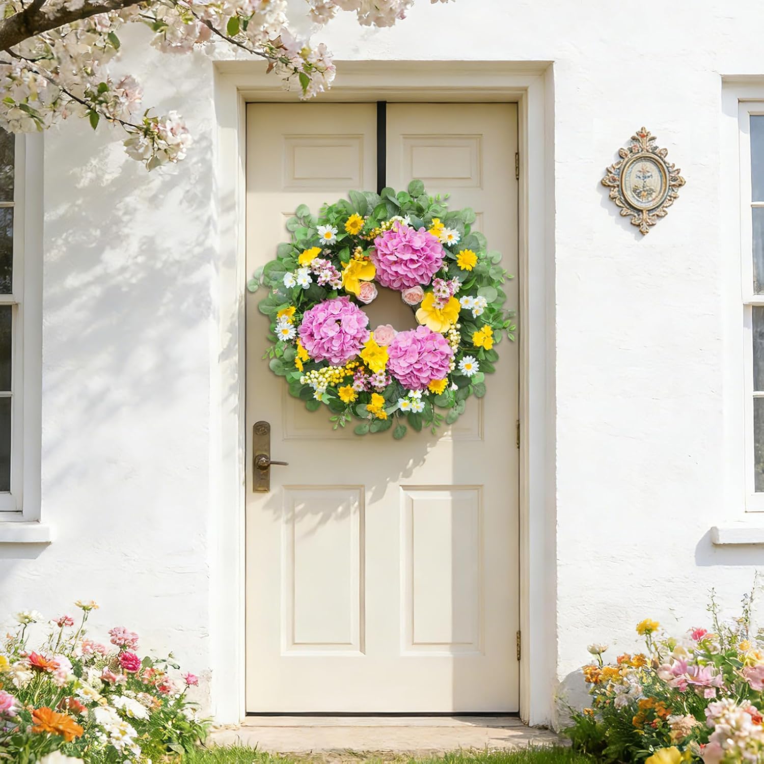 Vibrant Hydrangea & Rose Wreath by [Brand Name] - 24 Inch Summer Floral Decor for Front Door & Porch