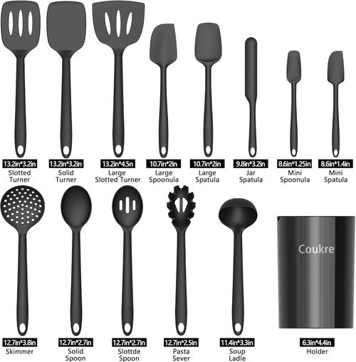 Coukre Silicone Kitchen Utensils Set - Heat-Resistant, Food-Grade Tools with Holder | 14-Piece in Pure Black