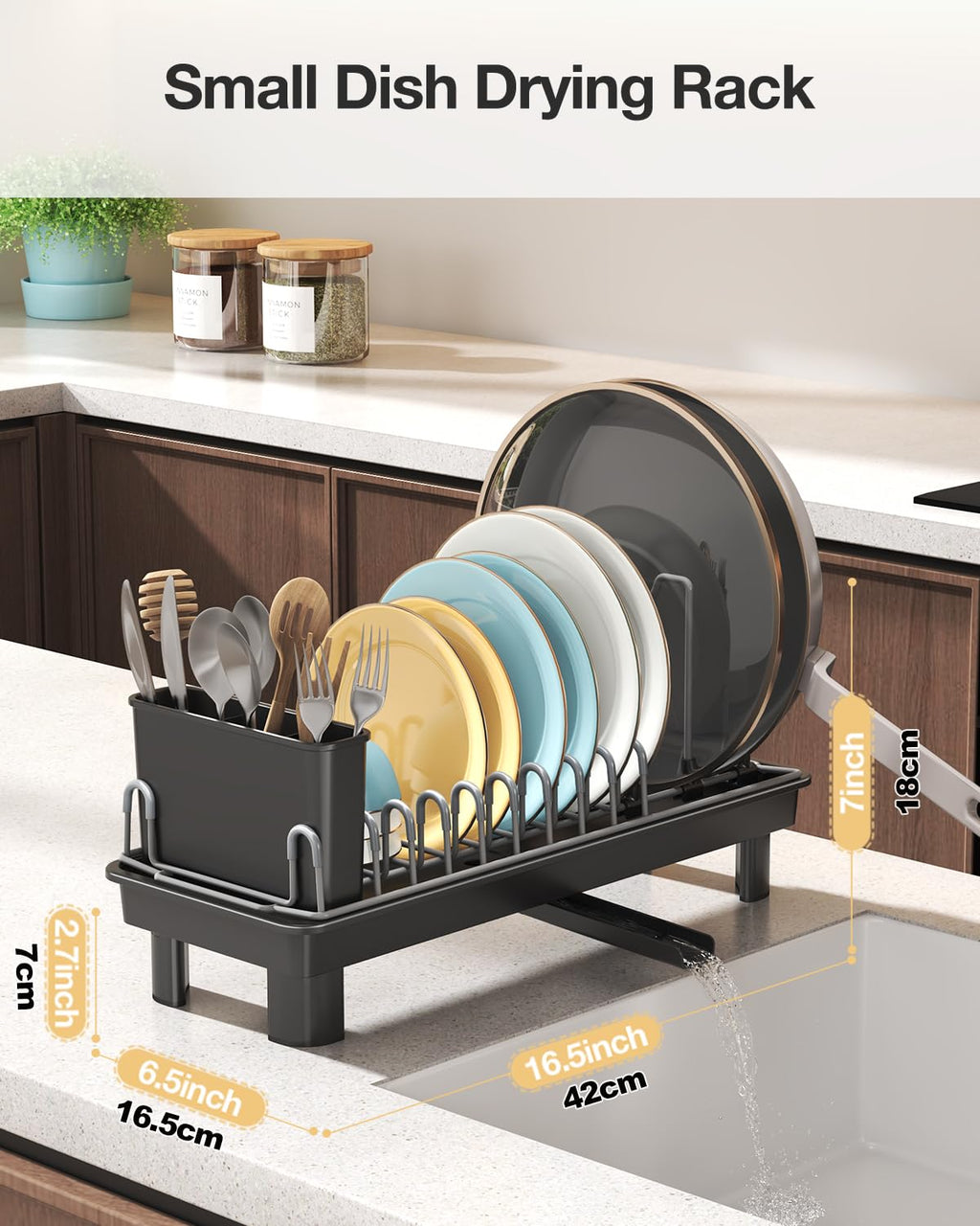 Nfnoyp Small Dish Drying Rack Carbon Steel Dish Rack Rustproof for Kitchen Counter Compact Dish Drainer with Adjustable Slots for Small Kitchens & Apartments 16.5×6.5×7inch Black