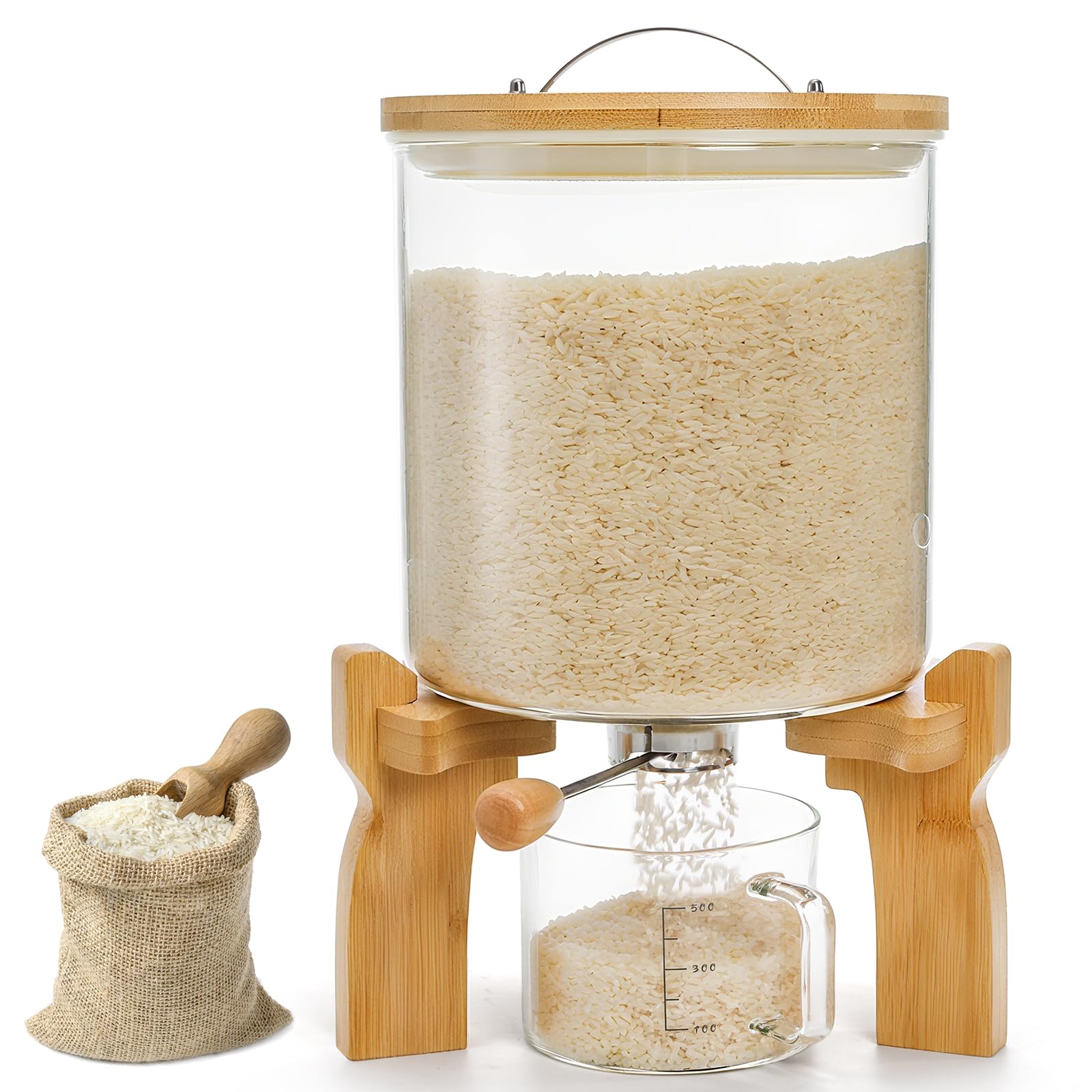 Goaste Glass Rice Dispenser with Bamboo Stand, 5L Flour Cereal Container with Airtight Lid, 8 Lbs Large Grain Food Storage Bucket, Countertop Beans Storage Tank with Measuring Cup & Valve for Dry Food
