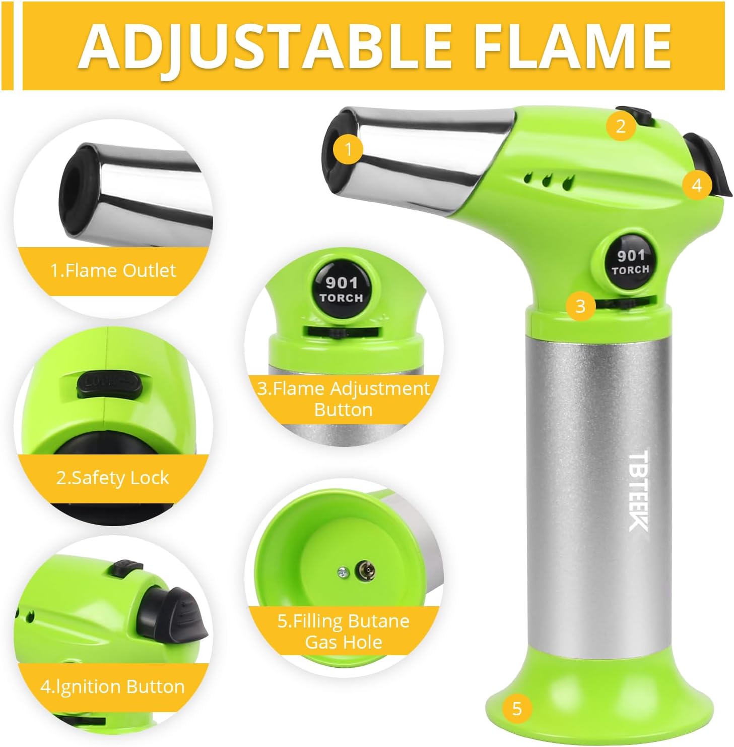 TBTEEK Butane Torch T901 - Adjustable Flame Kitchen Torch with Safety Lock for Cooking & Baking | Green