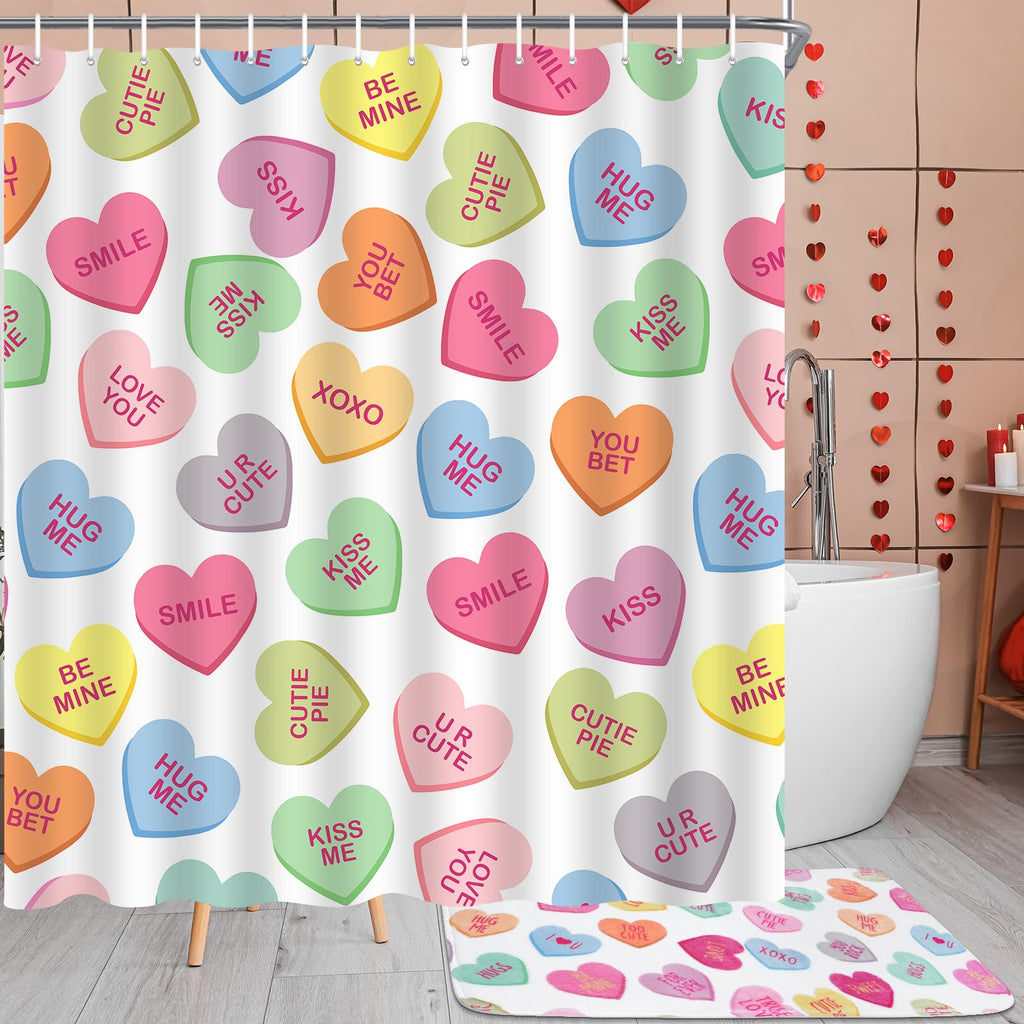 Hauwellter 4 Pcs Valentines Day Shower Curtain Sets, Pastel Heart Valentine Bathroom Set with Shower Curtains and Non Slip Rug Toilet Lid Cover U Shaped Bath Mat, Valentines Day Bathroom Decorations