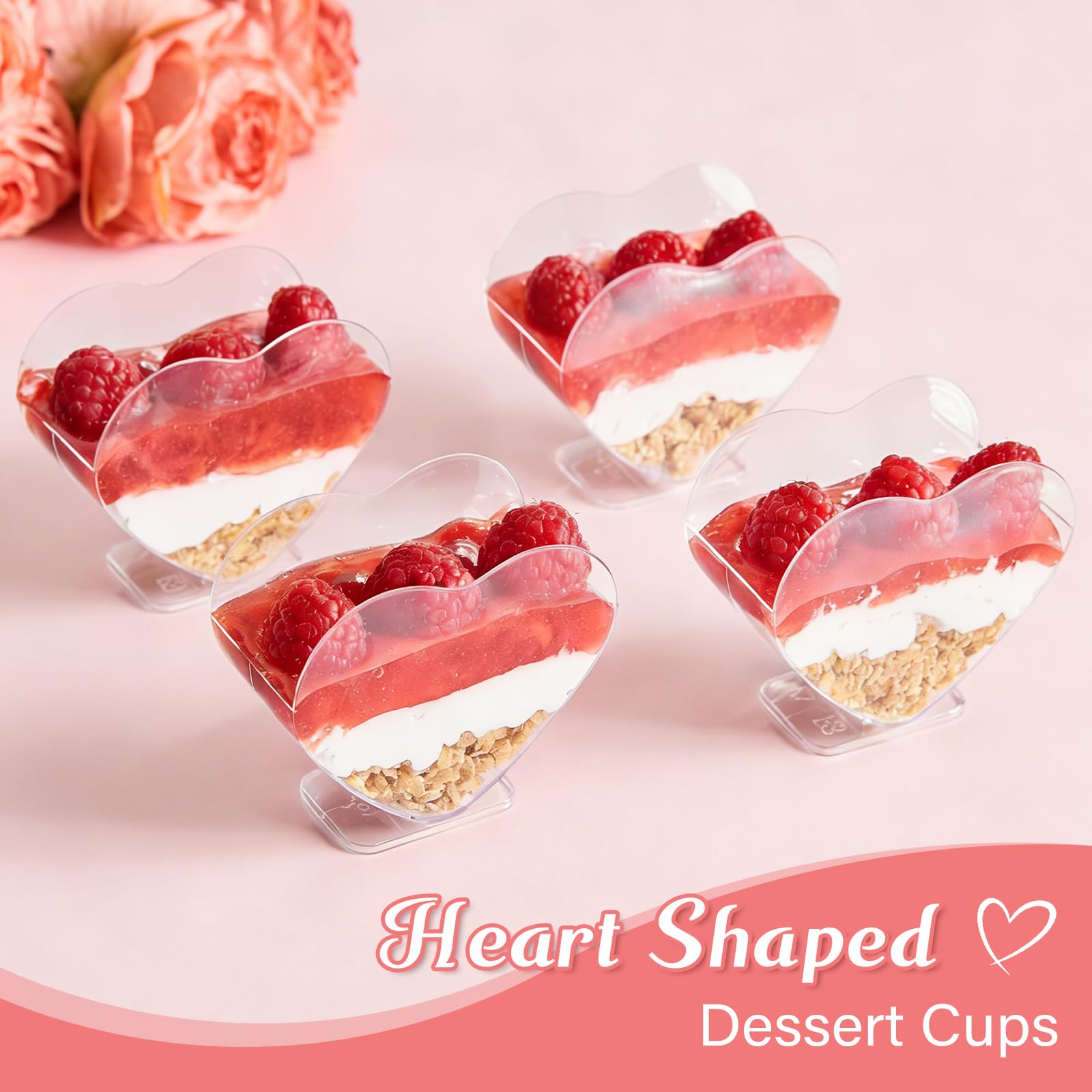 Qeirudu 100 Pack 2.7 oz Heart Shaped Mini Dessert Cups with Spoons, Small Clear Parfait Cups, Plastic Party Serving Cups for Mousses, Puddings, Fruits