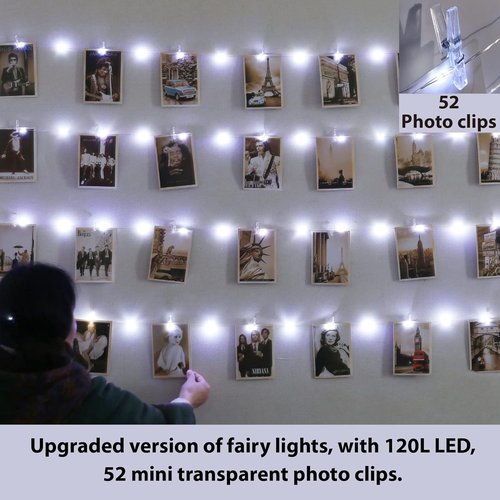 HXWEIYE 120LED White Photo Clip String Lights - 40Ft Fairy Lights with 52 Clear Clips & 12 Hooks | USB Powered, Timer & 8 Modes for Bedroom & Wedding Decor