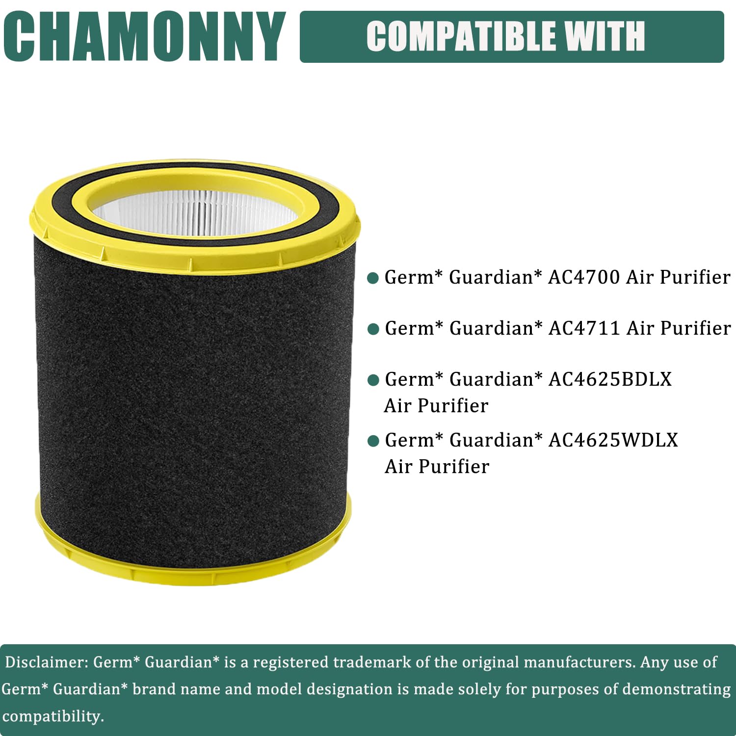 CHAMONNY AC4700B Replacement Filter FLT4700 M, Compatible with Germ Guardian AC4700, AC4700BDLX, AC4711W, AC4625, AC4625WDLX Air Purifiers, Part Number #FLT4700 & #FLT47CB4, 2Pack
