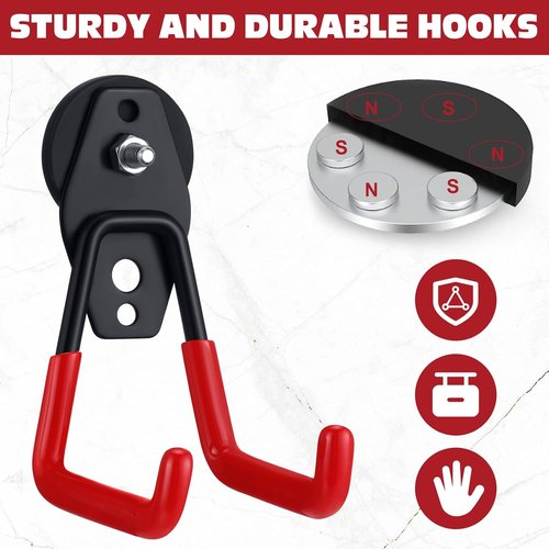 Landhoow Heavy Duty Magnetic Hooks - 6 Pcs Large Storage Utility Hangers with Anti-Slip Rubber Coating | Red