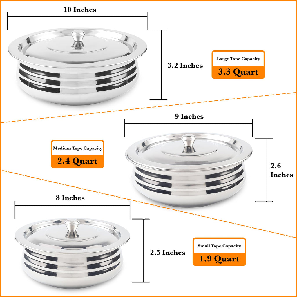 CRAFTONE Stainless Steel Heavy Duty Induction Cooking Pot Cook and Serve Handi With Lid Set of 3 pcs, Premium Steel Tope, Patila Handi for both cooking and serving (1.9 Qt, 2.4 Qt and 3.3 Quart)