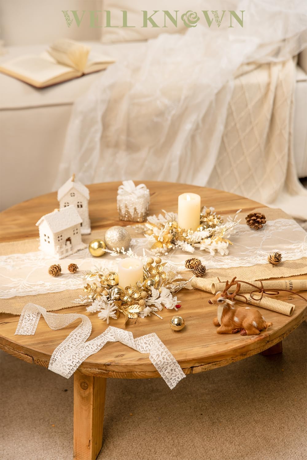 Well Known Mini Golden White Floral Candle Rings - 9" Decorative Wreaths for Home & Events