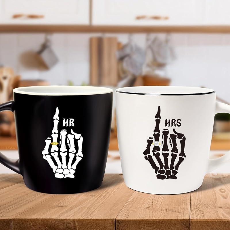 Mr & Mrs Skeleton Hand Coffee Mugs Set of 2 – 11oz Couples Wedding Gift