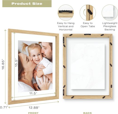 Floating Picture Frame by 12x16 - Solid Wood Design for Pressed Flowers | Real Glass Front - Versatile 8.5x11 or 11x14 Display (Natural Wood, 1 Pack)