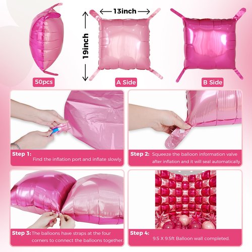 HKYOOD 50pcs Hot Pink and Pink Square Foil Balloons Wall Backdrop with 147pcs Balloon Garland Arch Kit, Double Sided Balloon Tunnel for Anniversary Bachelorette Birthday Valentines Party Decorations