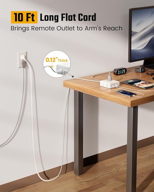 10Ft Extension Cord - Flat Plug Surge Protector Power Strip with 8 Outlets & 4 USB Ports | Ideal for Home Office & Dorm Room
