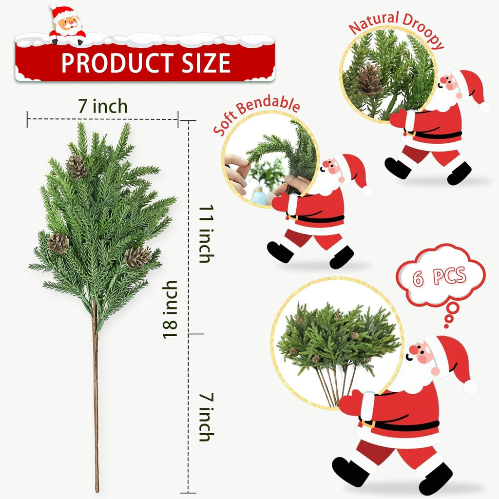 Skiennix Christmas Pine Stems - Realistic Artificial Greenery with Pinecones | 6 Pcs for Home Decor