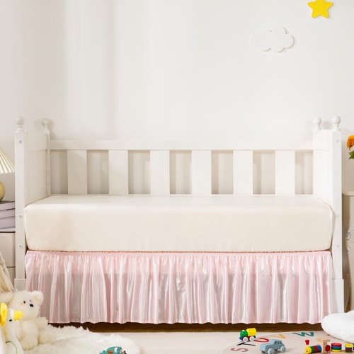Counfeisly Blush Pink Satin Crib Bed Skirt, 52" x 28" with 14" Drop Silky Soft Baby Crib Skirt for Baby Girls or Boys, Fit for Standard Crib & Toddler Bedding