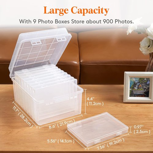 Lifewit Photo Storage Set - 9 Pcs 5"x7" Inner Photo Boxes & 11"x8.5" Transport Case | Clear Craft Organizer with Labels