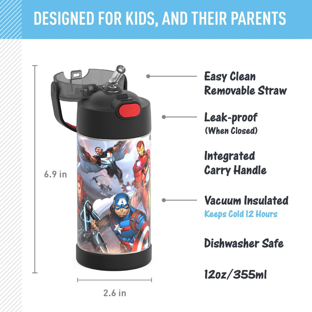 THERMOS FUNTAINER Water Bottle - 12 Ounce Kids Stainless Steel Vacuum Insulated with Straw | Avengers Design
