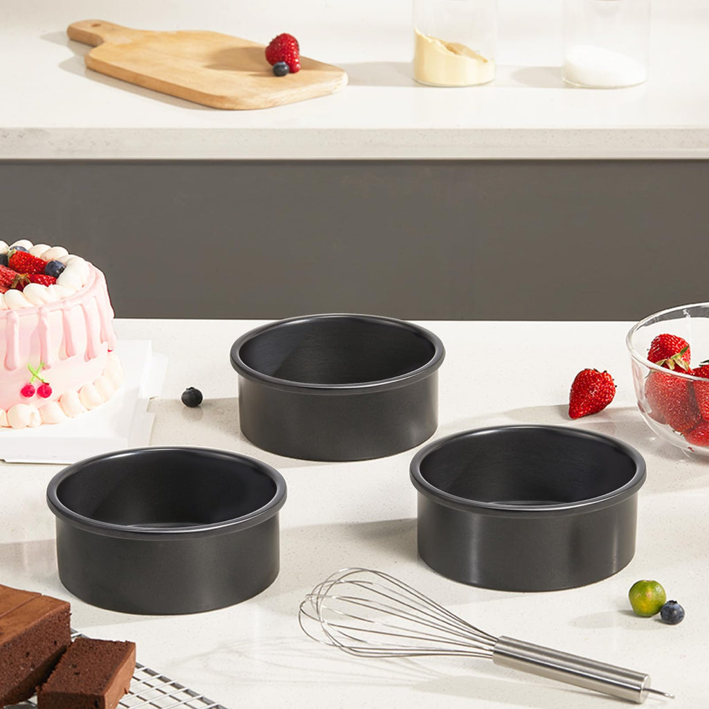 HONGBAKE 6 Inch Round Cake Pan Set for Baking with Healthy Parchment Paper, Nonstick Deeper Circle Cake Pans with Wider Grips, 3 Pieces Premium Layer Cake Tin, Cheesecake Mold, Huty Duty - Grey