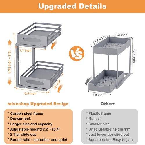 mixeshop Under Sink Organizer, 2 Tier Under Sink Organizers and Storage, Adjustable Height, Slide out Metal Cabinet Organizers, Pull out Cabinet Storage Drawer Shelf for Kitchen Bathroom Gray 1Pack
