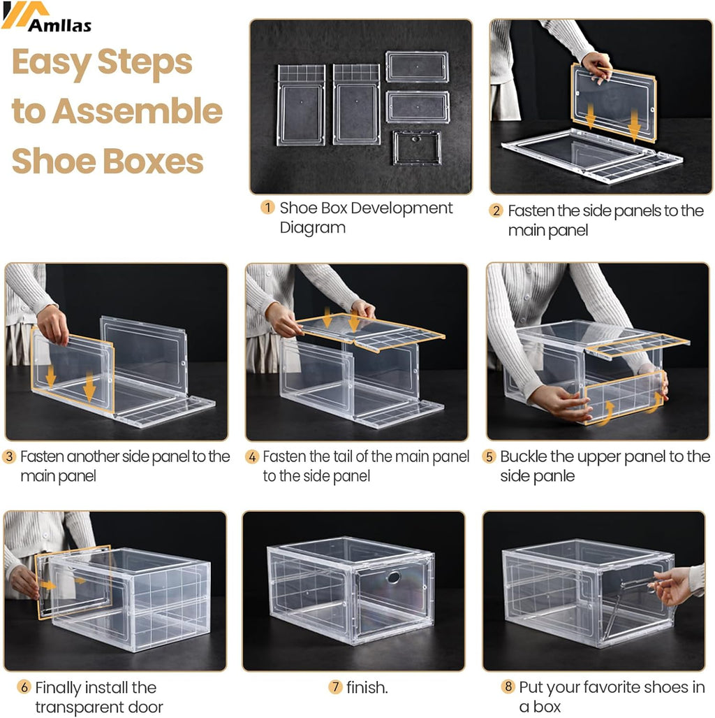 Amllas Clear Shoe Storage Boxes - Stackable & Sturdy Containers for Closet | Fits Up to US Size 12 (13.8”x 9.84”x 7.1”)