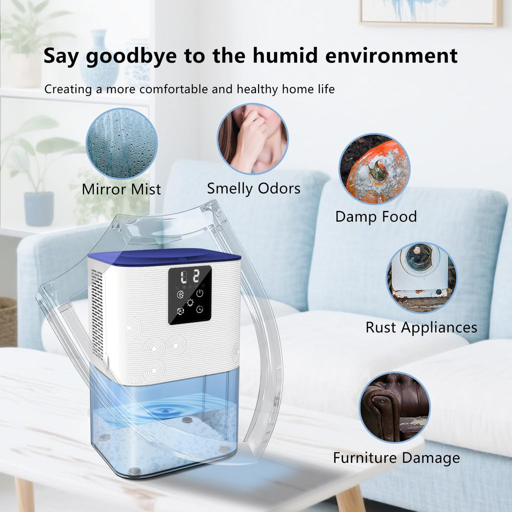 MTOX Dehumidifier, 3L/105oz Water Tank, 1100ml/Day, Dehumidifier for Bathroom Bedroom Basement RV, Quiet 28dB Sleep Mode, Auto Shut-Off, Auto Defrost, 7-Color LED Light, Digital Display (Blue White)