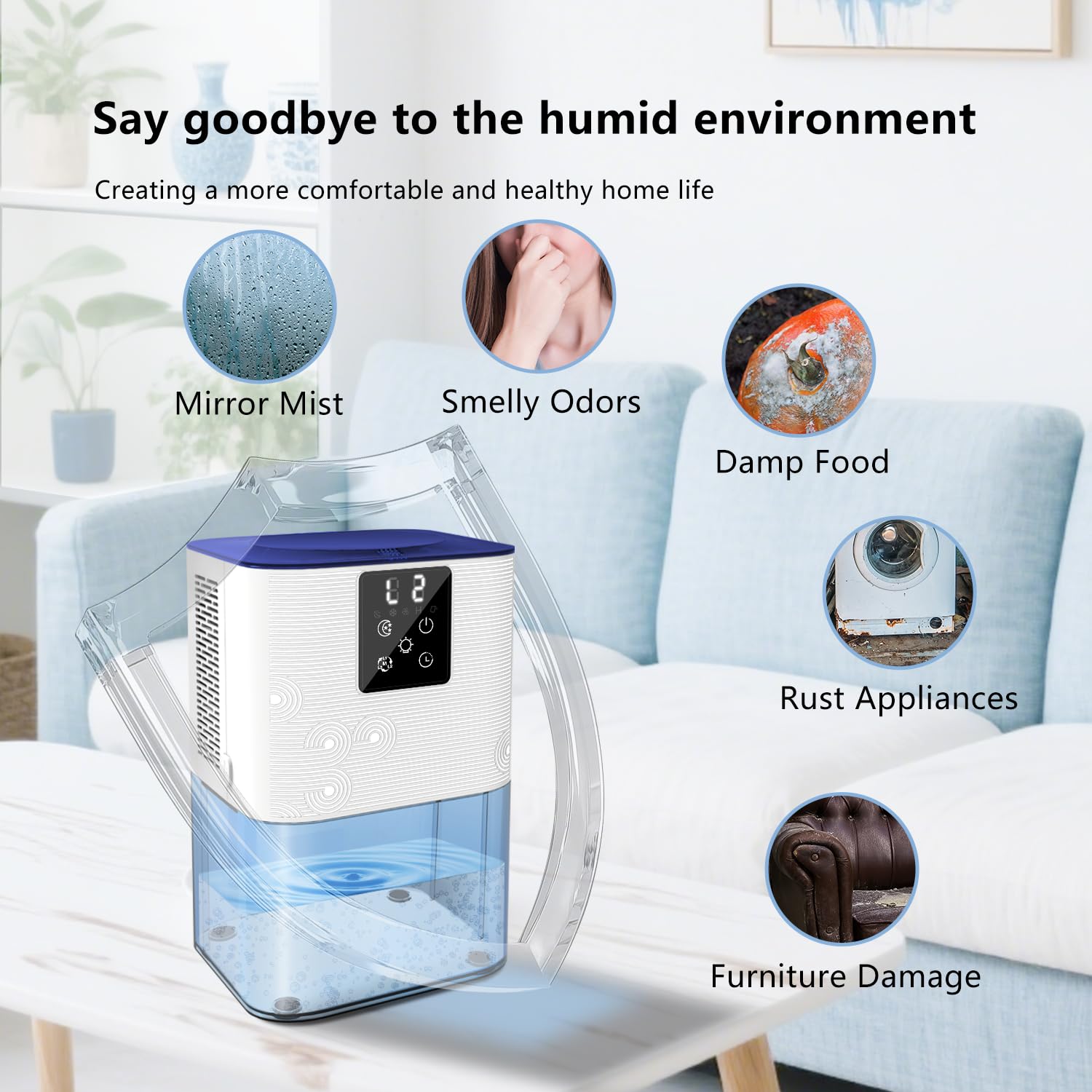 MTOX Dehumidifier, 3L/105oz Water Tank, 1100ml/Day, Dehumidifier for Bathroom Bedroom Basement RV, Quiet 28dB Sleep Mode, Auto Shut-Off, Auto Defrost, 7-Color LED Light, Digital Display (Blue White)