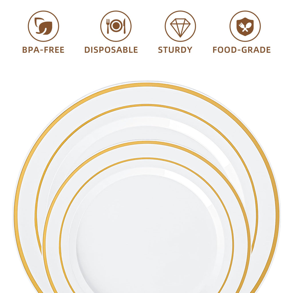 QualQuot 200PCS White Plastic Plates with Gold Rim, Disposable Heavy Duty Plastic Plate, 100 Dinner and 100 Dessert Plates for Party and Wedding