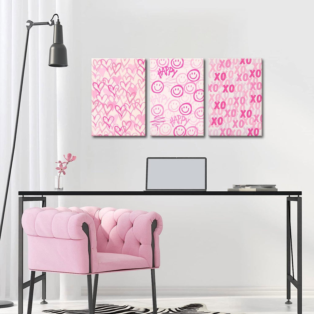 Simplicity Pink Wall Art Set of 3 - Heart Shaped Doodle Smiley XO | Modern Canvas Prints for Girls' Bedroom - Framed 12x16 Inch
