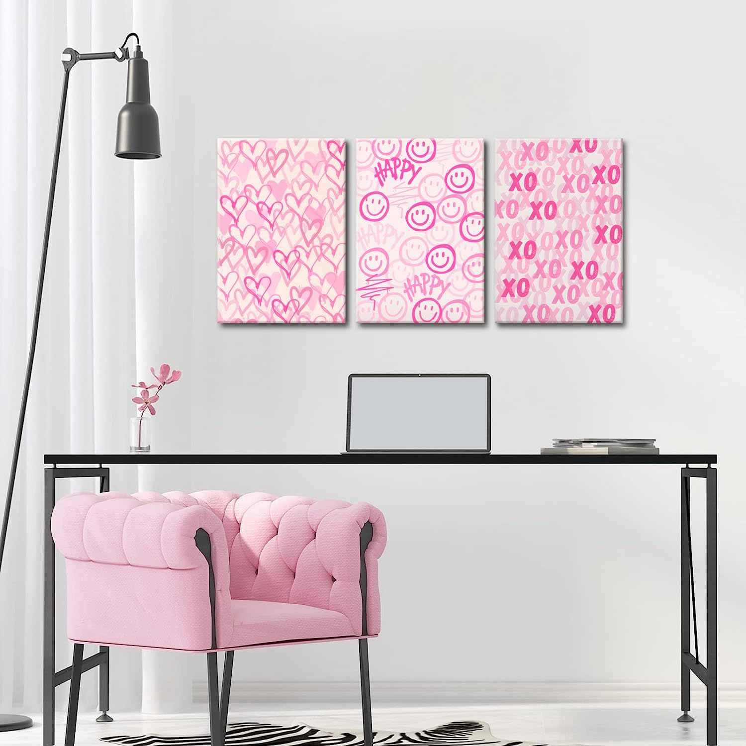 Simplicity Pink Wall Art Set of 3 - Heart Shaped Doodle Smiley XO | Modern Canvas Prints for Girls' Bedroom - Framed 12x16 Inch