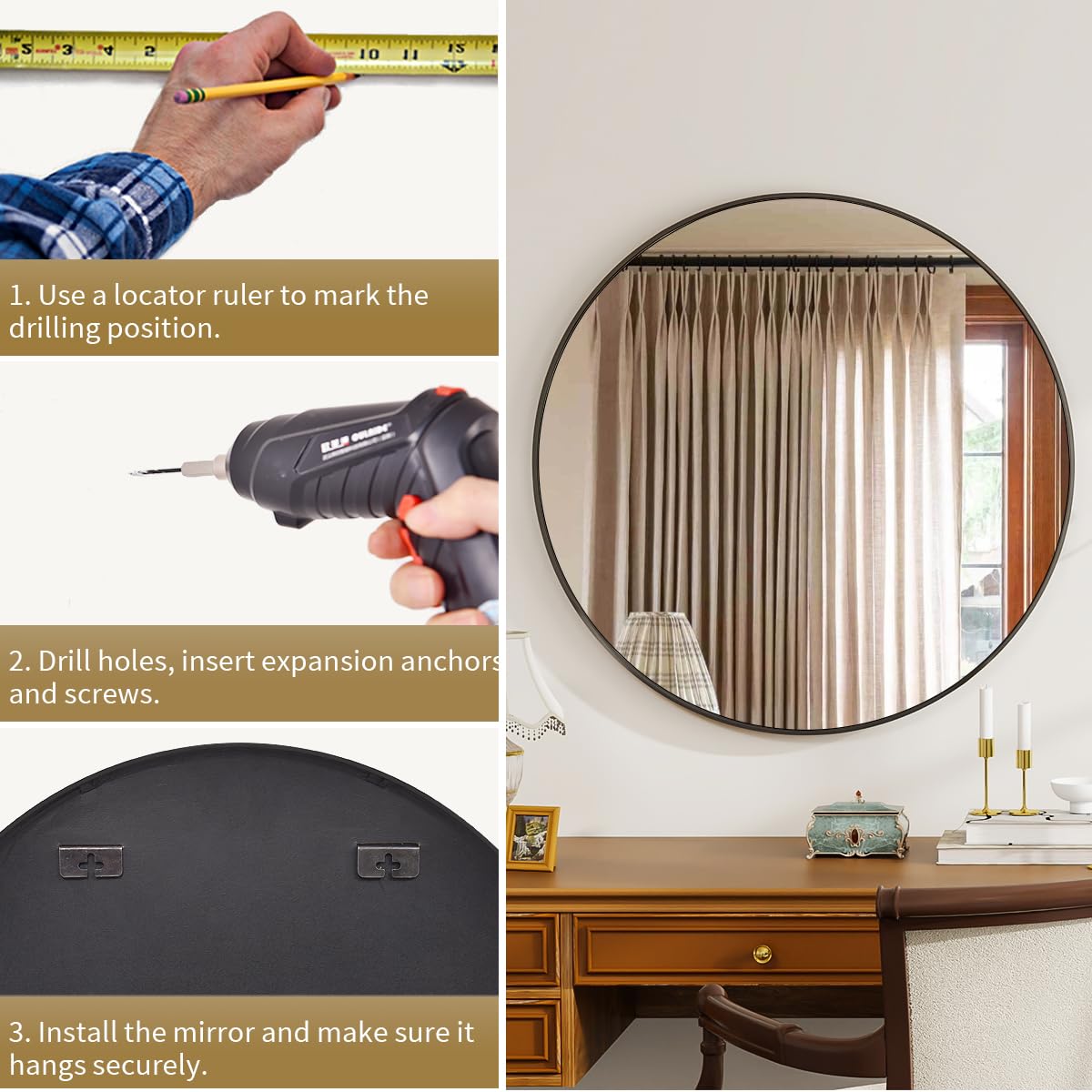 VETROVUE Black Round Mirror, 24 Inch Circle Bathroom Mirror with Metal Frame, Wall-Mounted for Entryway, Bathroom, Vanity, Living Room